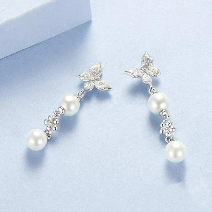 S925 Sterling Silver Elegant Butterfly Shell Bead Long Earrings