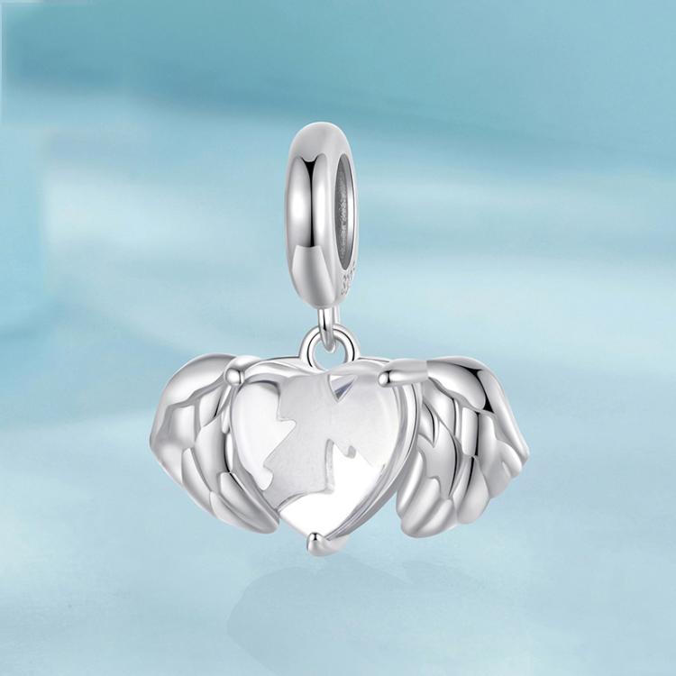 S925 Sterling Silver Platinum-plated Heart Wings DIY Pendant