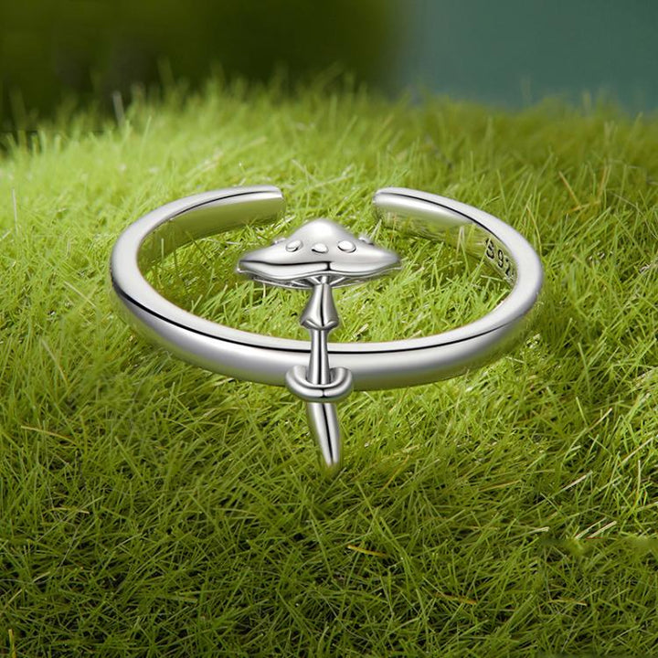 S925 Sterling Silver Oxidized Mushroom Open Adjustable Ring