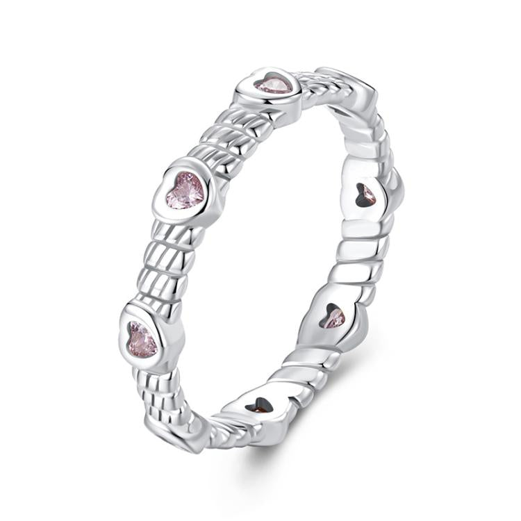 S925 Sterling Silver Platinum Heart Twist Pattern Zircon Ring, No.6, No.7, No.8