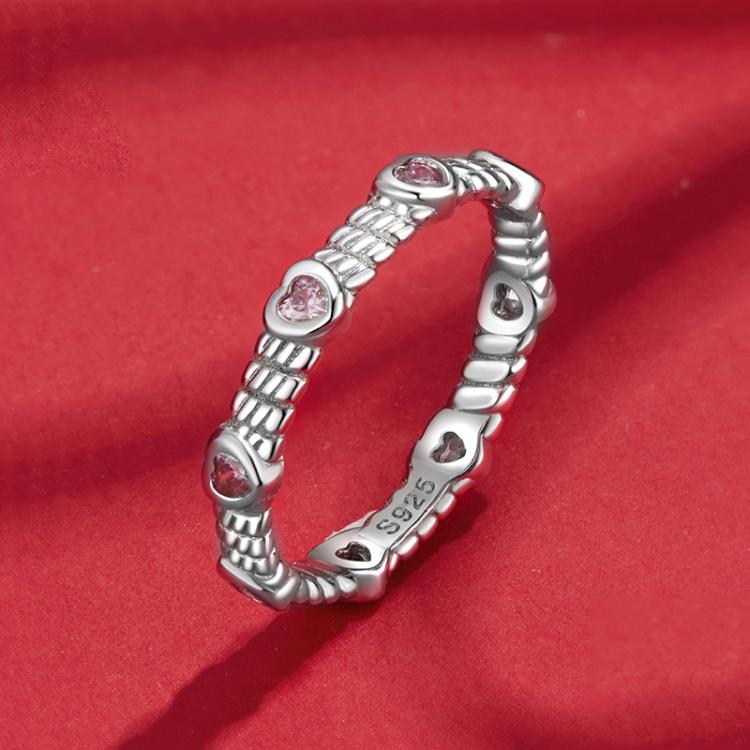 S925 Sterling Silver Platinum Heart Twist Pattern Zircon Ring, No.6, No.7, No.8