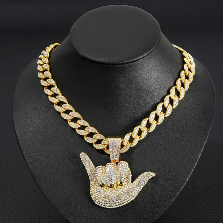 Dazzling Men Personalized 666 Finger Diamond Pendant Trendy Hip Hop Rhinestone Cuban Necklace