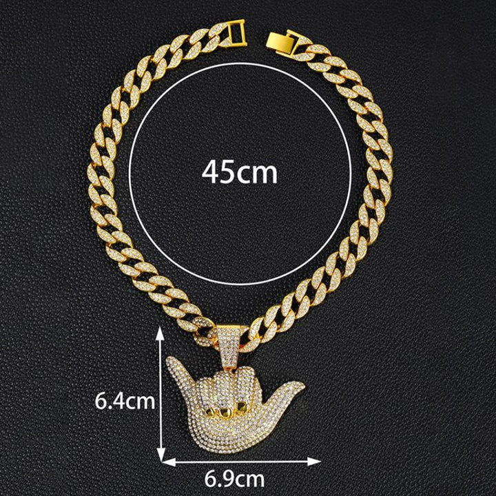 Dazzling Men Personalized 666 Finger Diamond Pendant Trendy Hip Hop Rhinestone Cuban Necklace