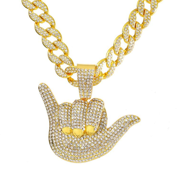 Dazzling Men Personalized 666 Finger Diamond Pendant Trendy Hip Hop Rhinestone Cuban Necklace