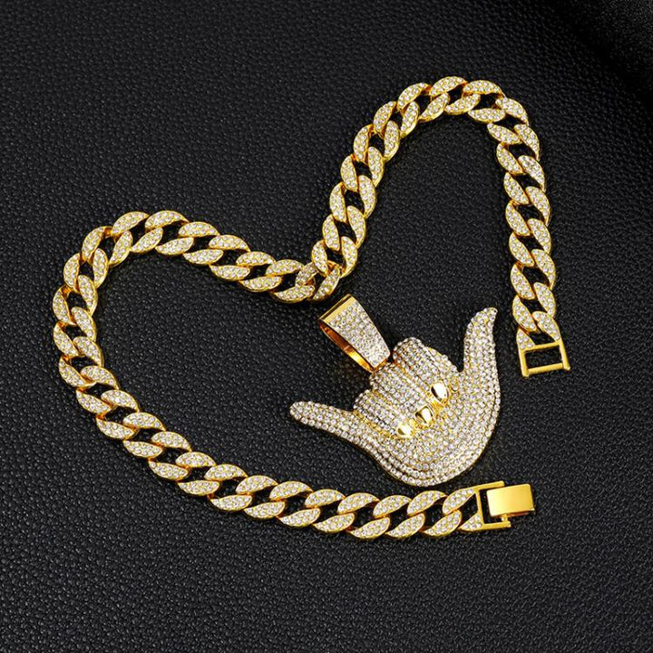 Dazzling Men Personalized 666 Finger Diamond Pendant Trendy Hip Hop Rhinestone Cuban Necklace