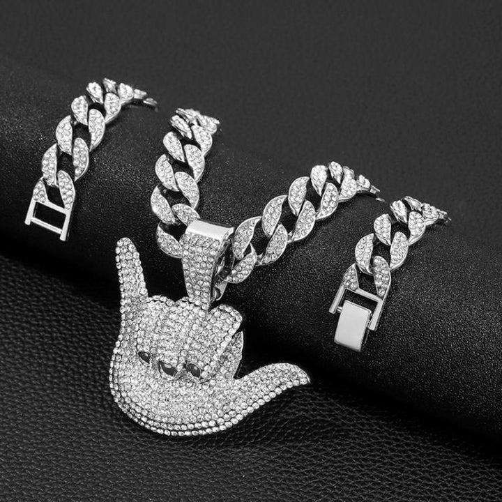 Dazzling Men Personalized 666 Finger Diamond Pendant Trendy Hip Hop Rhinestone Cuban Necklace