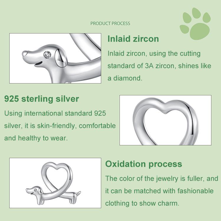 S925 Sterling Silver Funny Dachshund Beads Jewelry Animal Accessories