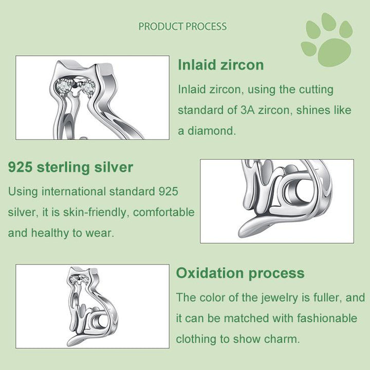 S925 Sterling Silver Oxidized Fun Hollow Cat Beads Cute Animal Accessories