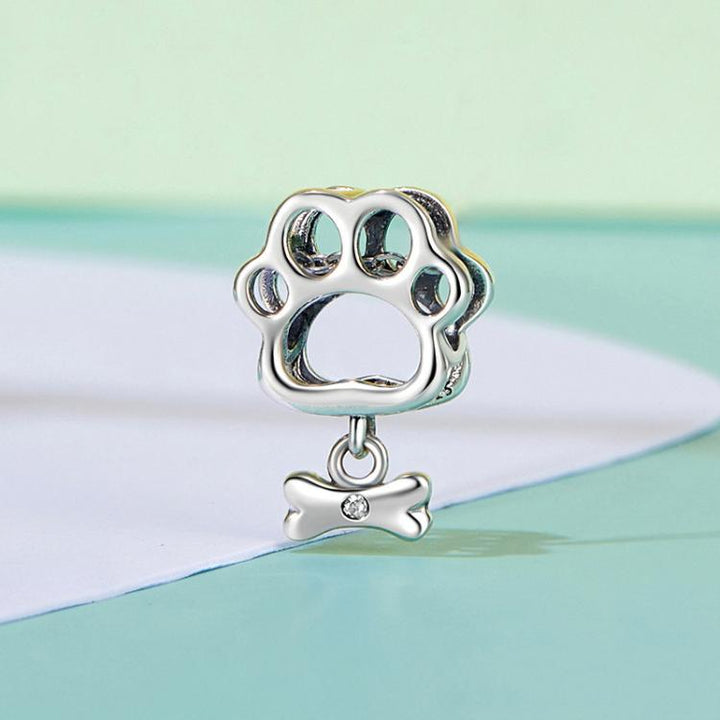 S925 Sterling Silver Oxidized Cute Hollow Paw Print Beads Animal Bracelet Accessories