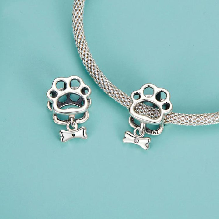 S925 Sterling Silver Oxidized Cute Hollow Paw Print Beads Animal Bracelet Accessories