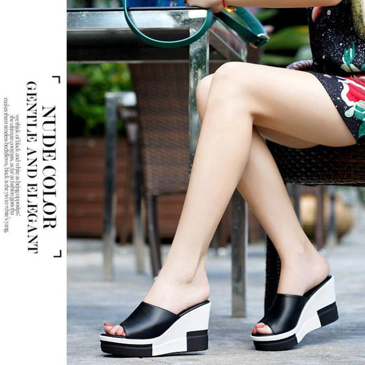 Women Soft PU Leather Platform Wedge Slide Sandals High Heel Open-Toe Slippers, 35, 36, 37, 38, 39, 40