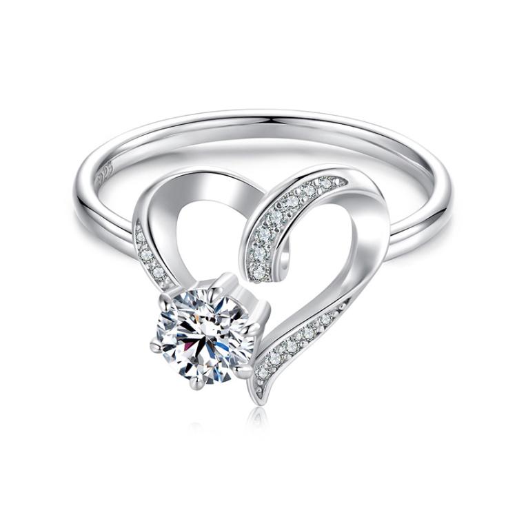 S925 Sterling Silver Platinum-Plated Moissanite Heart-shaped Ring, 6, 7, 8