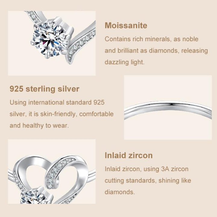 S925 Sterling Silver Platinum-Plated Moissanite Heart-shaped Ring, 6, 7, 8