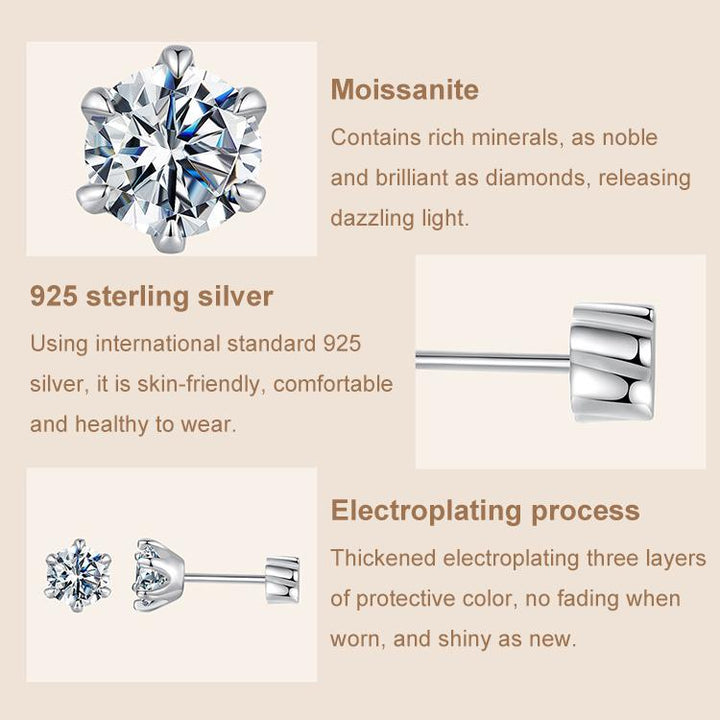 S925 Sterling Silver Platinum-plated Classic Moissanite Earrings, S, M