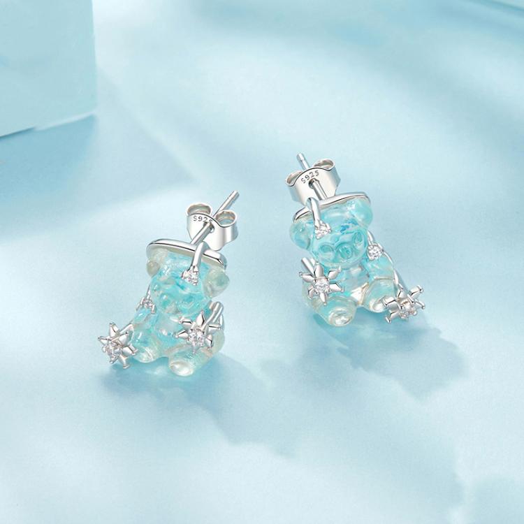 S925 Sterling Silver Cute Animal Ice Transparent Bear Earrings