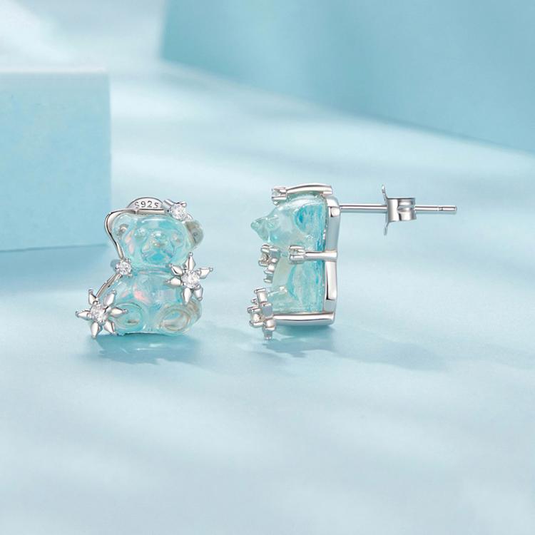 S925 Sterling Silver Cute Animal Ice Transparent Bear Earrings