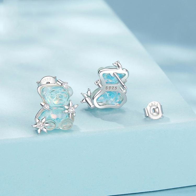 S925 Sterling Silver Cute Animal Ice Transparent Bear Earrings