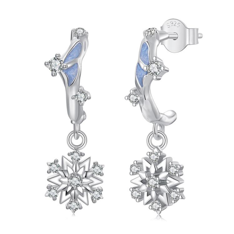 S925 Sterling Silver Platinum-Plated Shining Snowflake Zircon Earrings