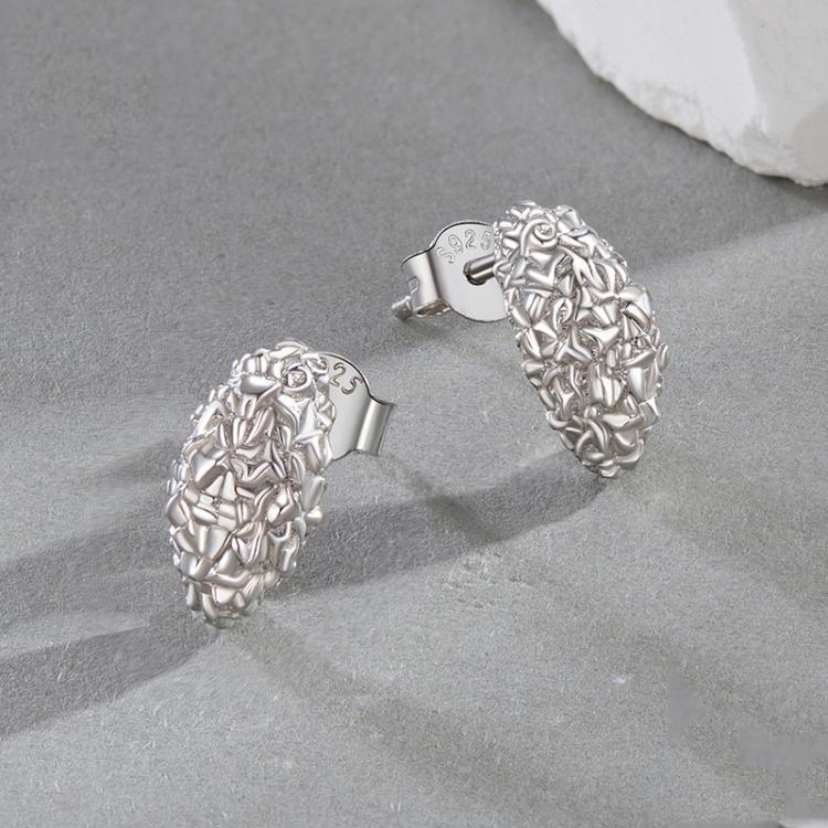 S925 Sterling Silver With White Gold Textured Metal Earrings