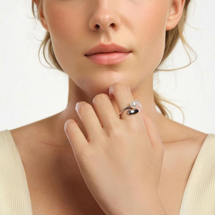 S925 Sterling Silver Pearl Open Adjustable Ring