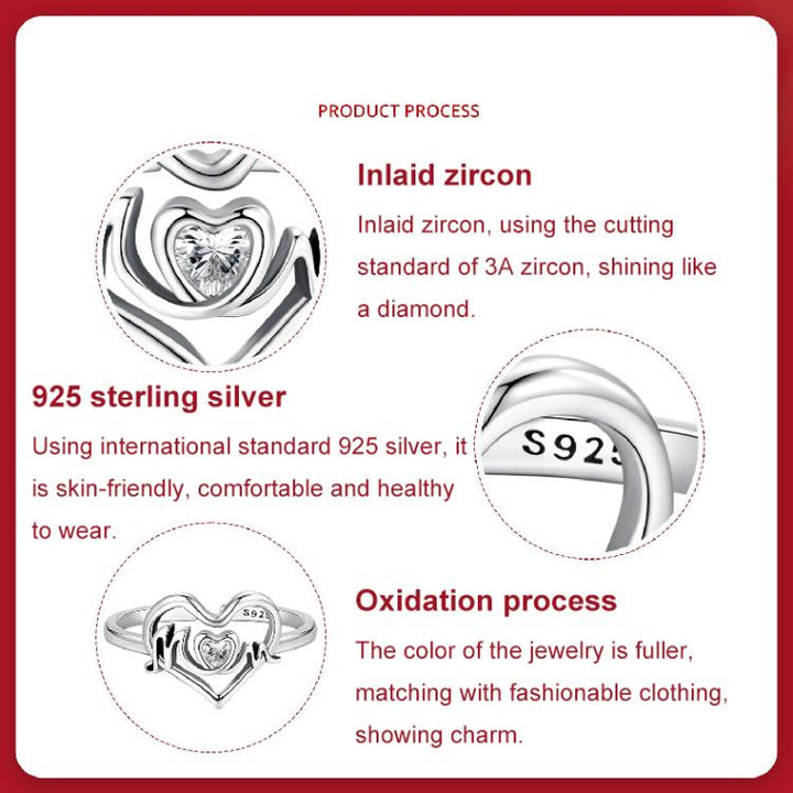 S925 Sterling Silver Mother Day Love Heart Open Adjustable Ring