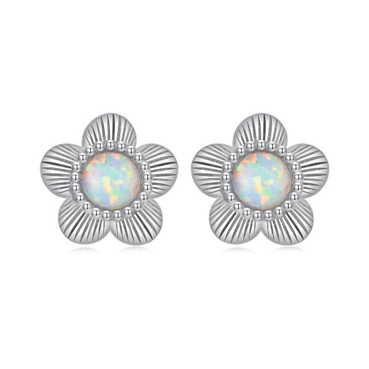 S925 Sterling Silver Platinum-Plated Opal Flower Earrings Plant Earrings