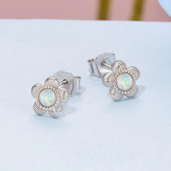 S925 Sterling Silver Platinum-Plated Opal Flower Earrings Plant Earrings