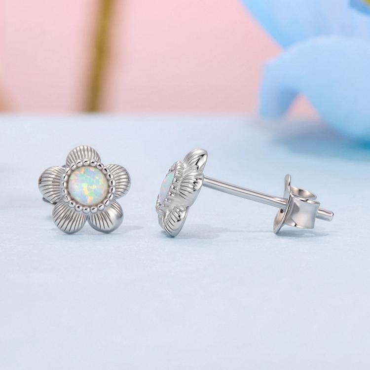 S925 Sterling Silver Platinum-Plated Opal Flower Earrings Plant Earrings