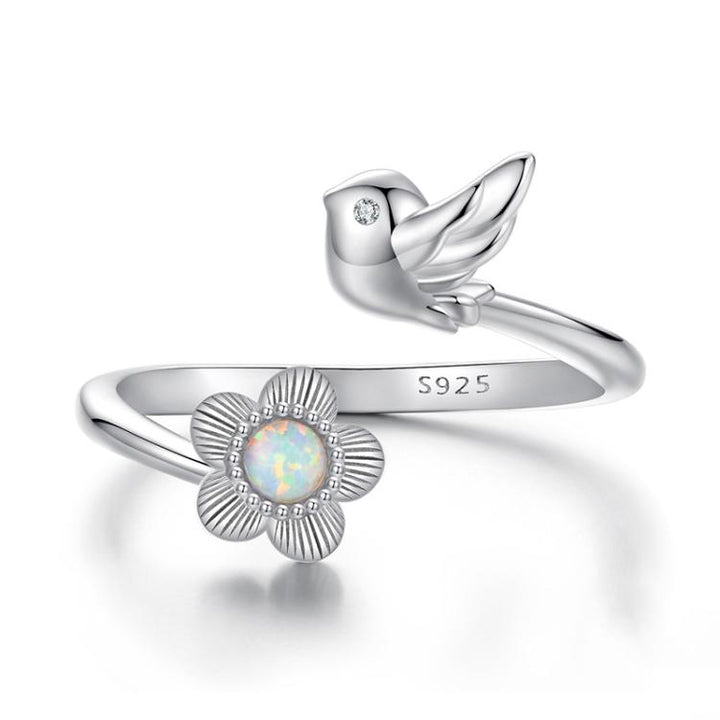 S925 Sterling Silver Elegant Flower and Bird Open Adjustable Ring