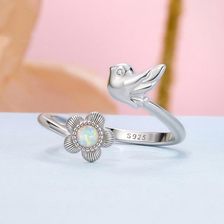 S925 Sterling Silver Elegant Flower and Bird Open Adjustable Ring