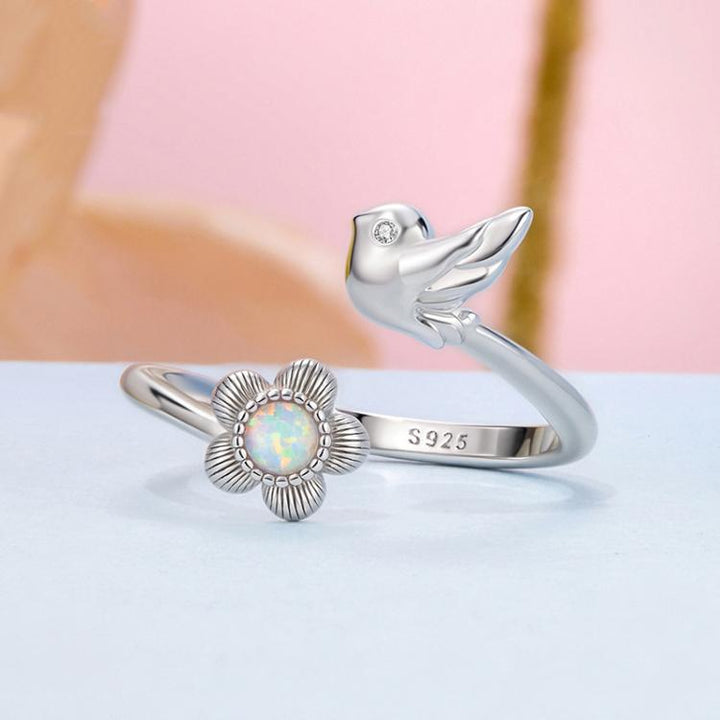 S925 Sterling Silver Elegant Flower and Bird Open Adjustable Ring