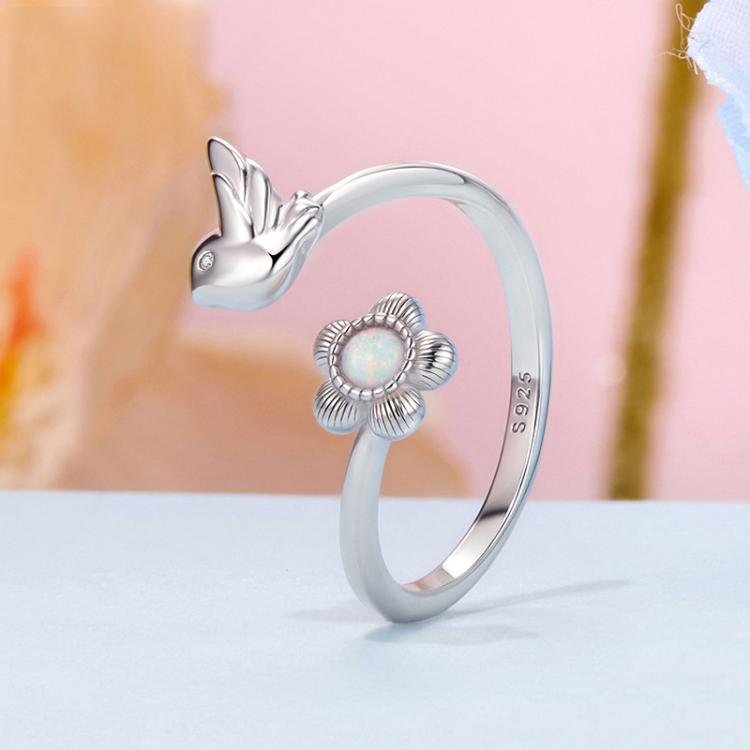 S925 Sterling Silver Elegant Flower and Bird Open Adjustable Ring