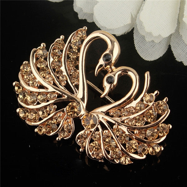 Crystal Swan Brooch Pins Animal Rhinestones Brooches for Women, White, Pink, Champagne