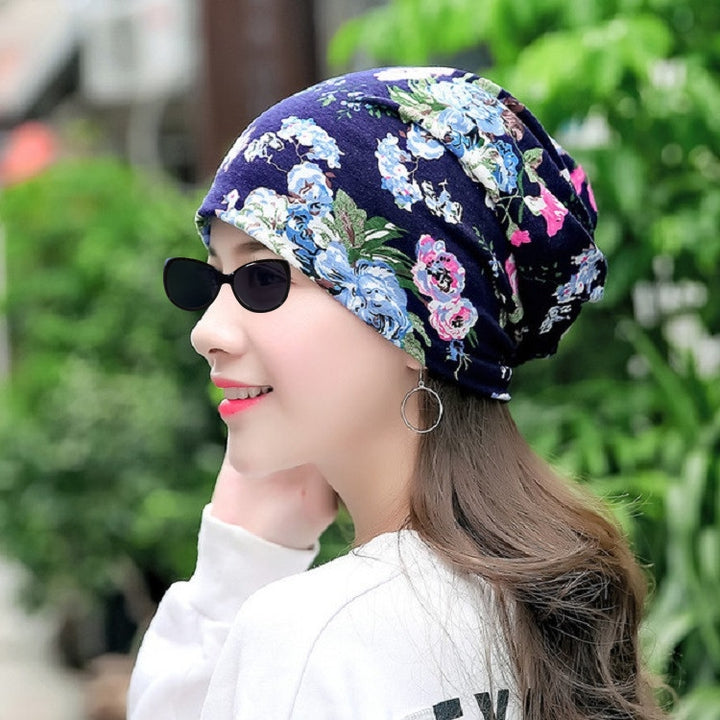 Autumn and Winter Ladies Cotton Flower Print Hat Windproof Warm Beanie, 50-60cm