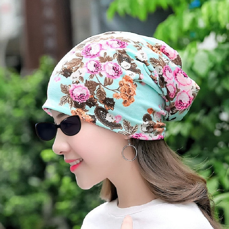 Autumn and Winter Ladies Cotton Flower Print Hat Windproof Warm Beanie, 50-60cm