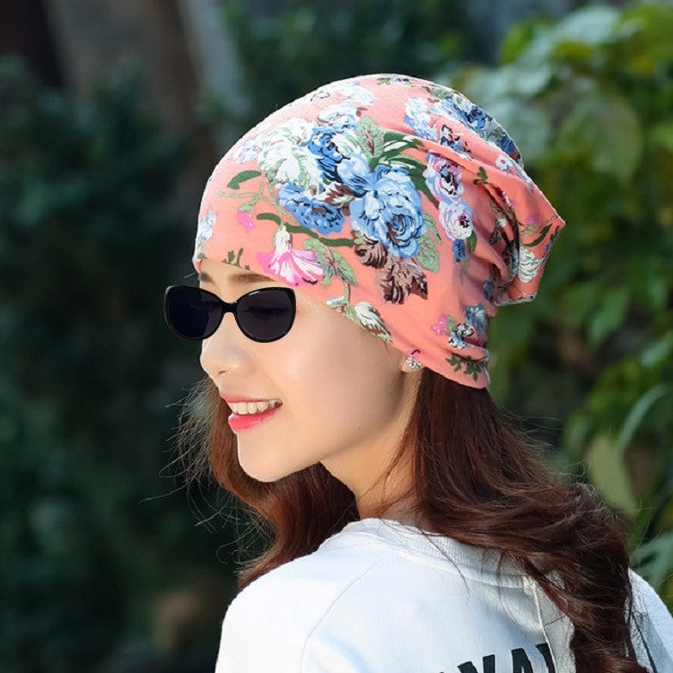 Autumn and Winter Ladies Cotton Flower Print Hat Windproof Warm Beanie, 50-60cm