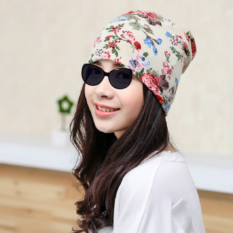 Autumn and Winter Ladies Cotton Flower Print Hat Windproof Warm Beanie, 50-60cm