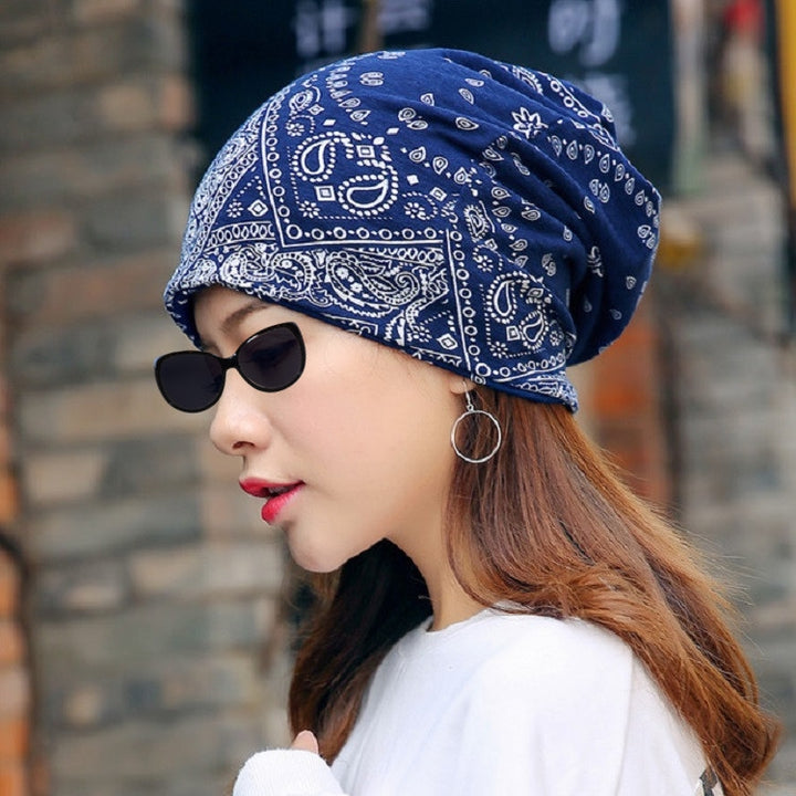 Autumn and Winter Ladies Cotton Flower Print Hat Windproof Warm Beanie, 50-60cm