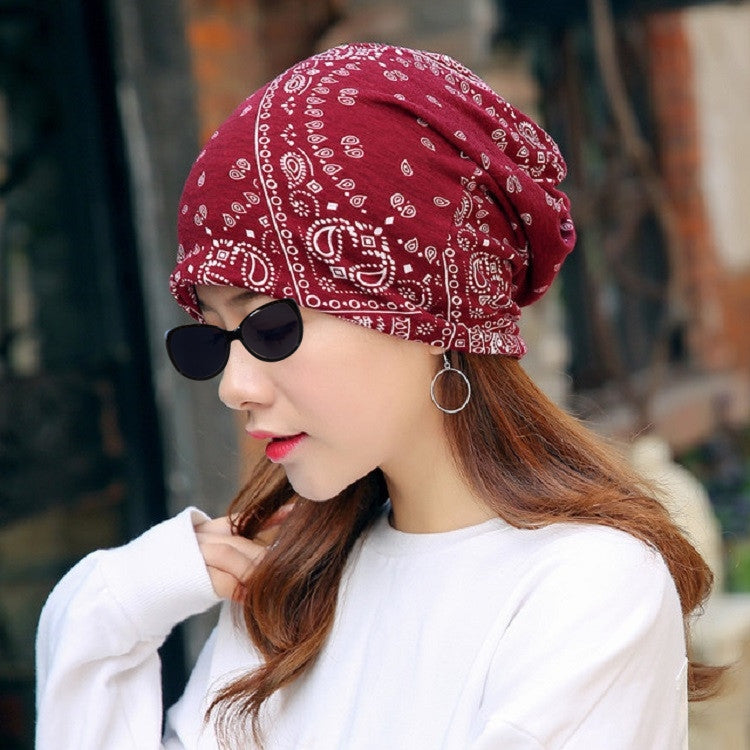 Autumn and Winter Ladies Cotton Flower Print Hat Windproof Warm Beanie, 50-60cm