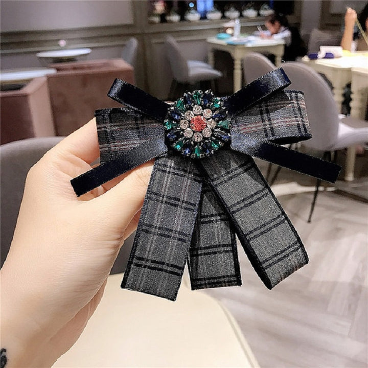 Women Fresh Plaid Bow Tie Diamond Bow-knot Brooch Shirt Accessories