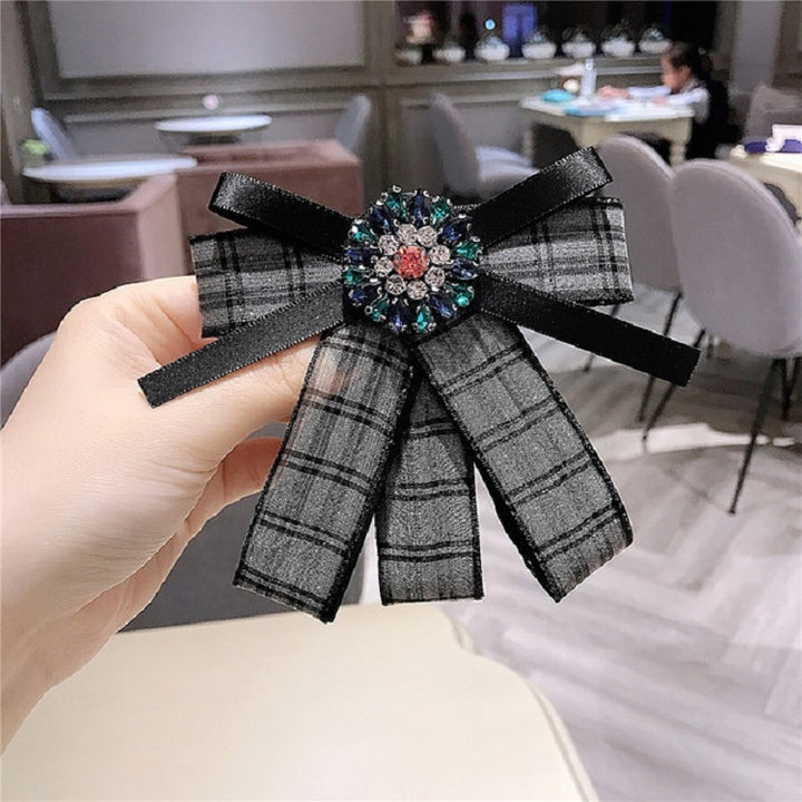 Women Fresh Plaid Bow Tie Diamond Bow-knot Brooch Shirt Accessories