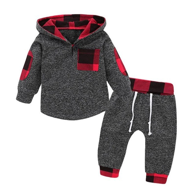 Hoodies Toddler Plaid Hooded Tops Long Pants Kids Set, 70cm, 80cm, 90cm, 100cm, 110cm