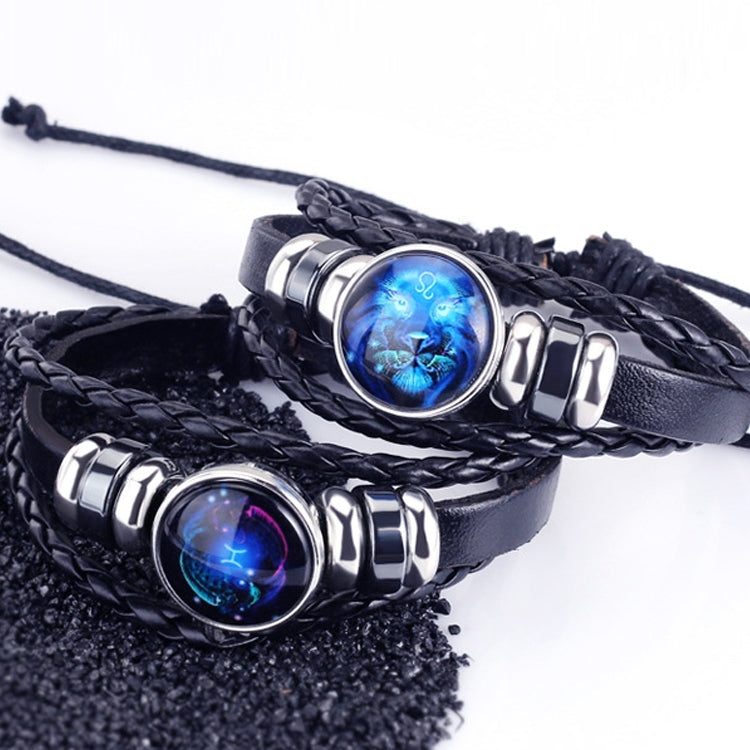 12 Constellation Black Braided Leather Glass Dome Punk Men Bracelet, Gemini, Cancer, Leo, Virgo, Libra, Scorpio, Sagittarius, Aquarius, Pisces, Capricorn, Aries, Taurus