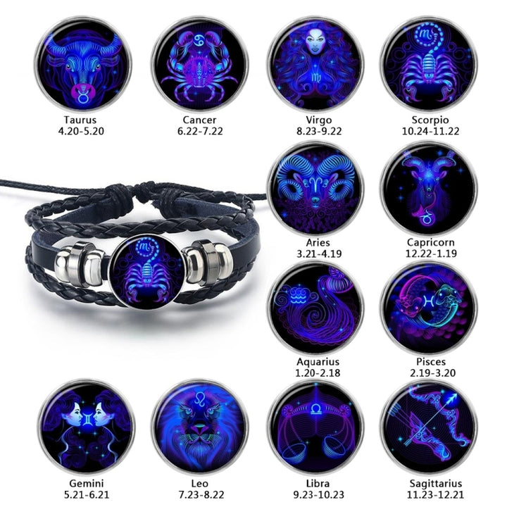 12 Constellation Black Braided Leather Glass Dome Punk Men Bracelet, Gemini, Cancer, Leo, Virgo, Libra, Scorpio, Sagittarius, Aquarius, Pisces, Capricorn, Aries, Taurus