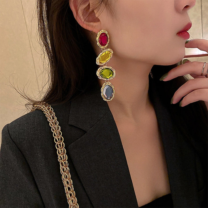 Retro Metal Color Geometry Glass Diamond Earrings Jewelry