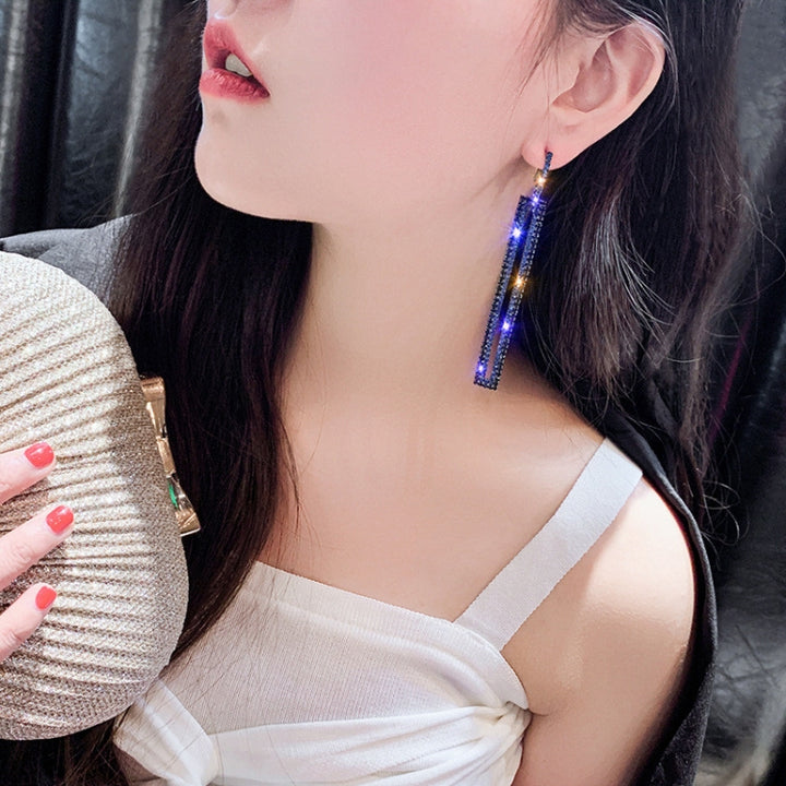 Fashion Long Geometric Drop Earrings Luxury Gold Silver Color Rectangle Rhinestone Earring, Blue, Gold, Rose Gold, Silver