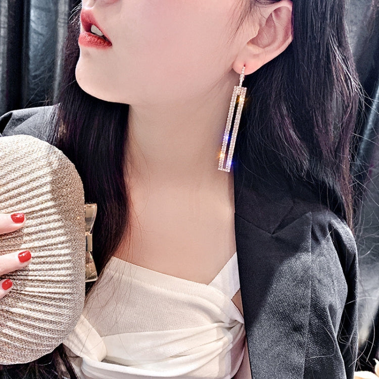 Fashion Long Geometric Drop Earrings Luxury Gold Silver Color Rectangle Rhinestone Earring, Blue, Gold, Rose Gold, Silver