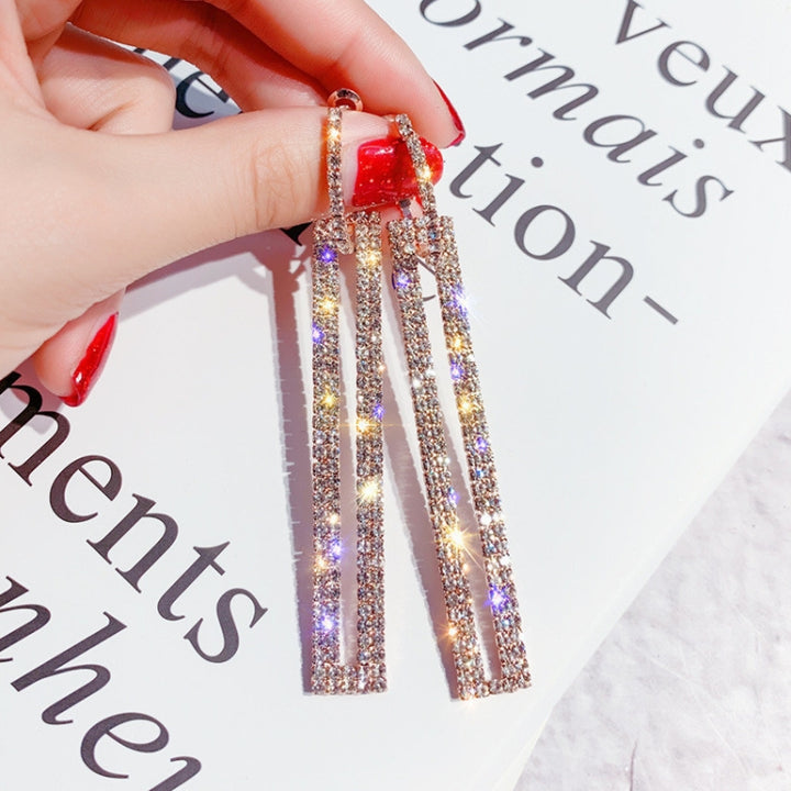 Fashion Long Geometric Drop Earrings Luxury Gold Silver Color Rectangle Rhinestone Earring, Blue, Gold, Rose Gold, Silver