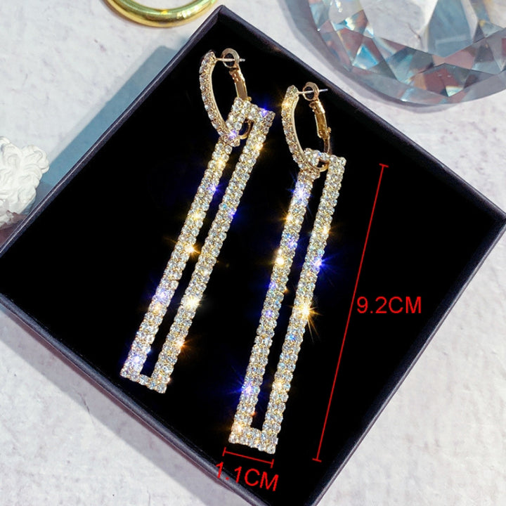 Fashion Long Geometric Drop Earrings Luxury Gold Silver Color Rectangle Rhinestone Earring, Blue, Gold, Rose Gold, Silver