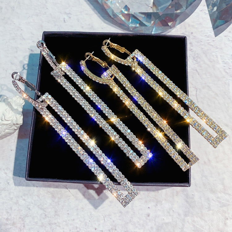 Fashion Long Geometric Drop Earrings Luxury Gold Silver Color Rectangle Rhinestone Earring, Blue, Gold, Rose Gold, Silver